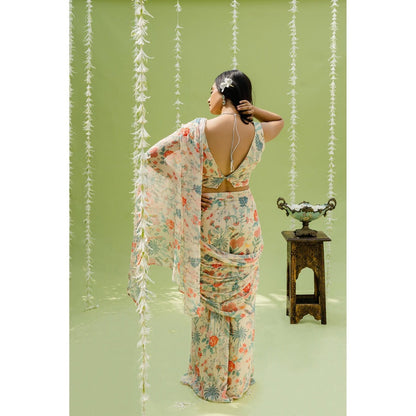Redpine Designs Beige Printed Embroidered Pre Draped Saree with Stitched Blouse