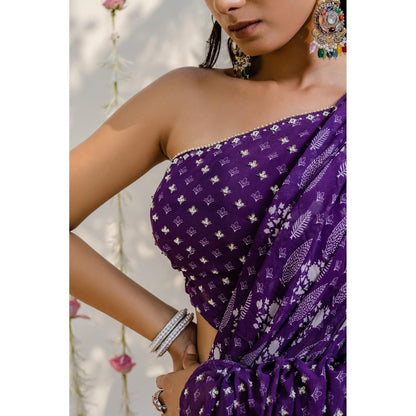 Redpine Designs Purple Printed Embroidered Pre Draped Saree with Stitched Blouse