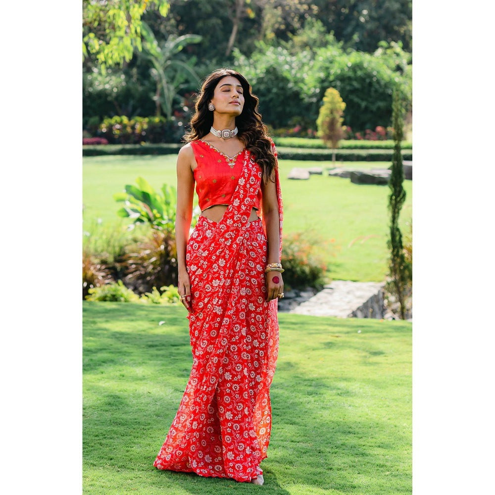 Redpine Designs Cherry Red Floral Printed Pre Draped Saree with Stitched Blouse