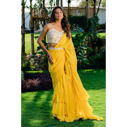 Redpine Designs Yellow Embroidered Pre Drape Saree with Stitched Blouse and Belt