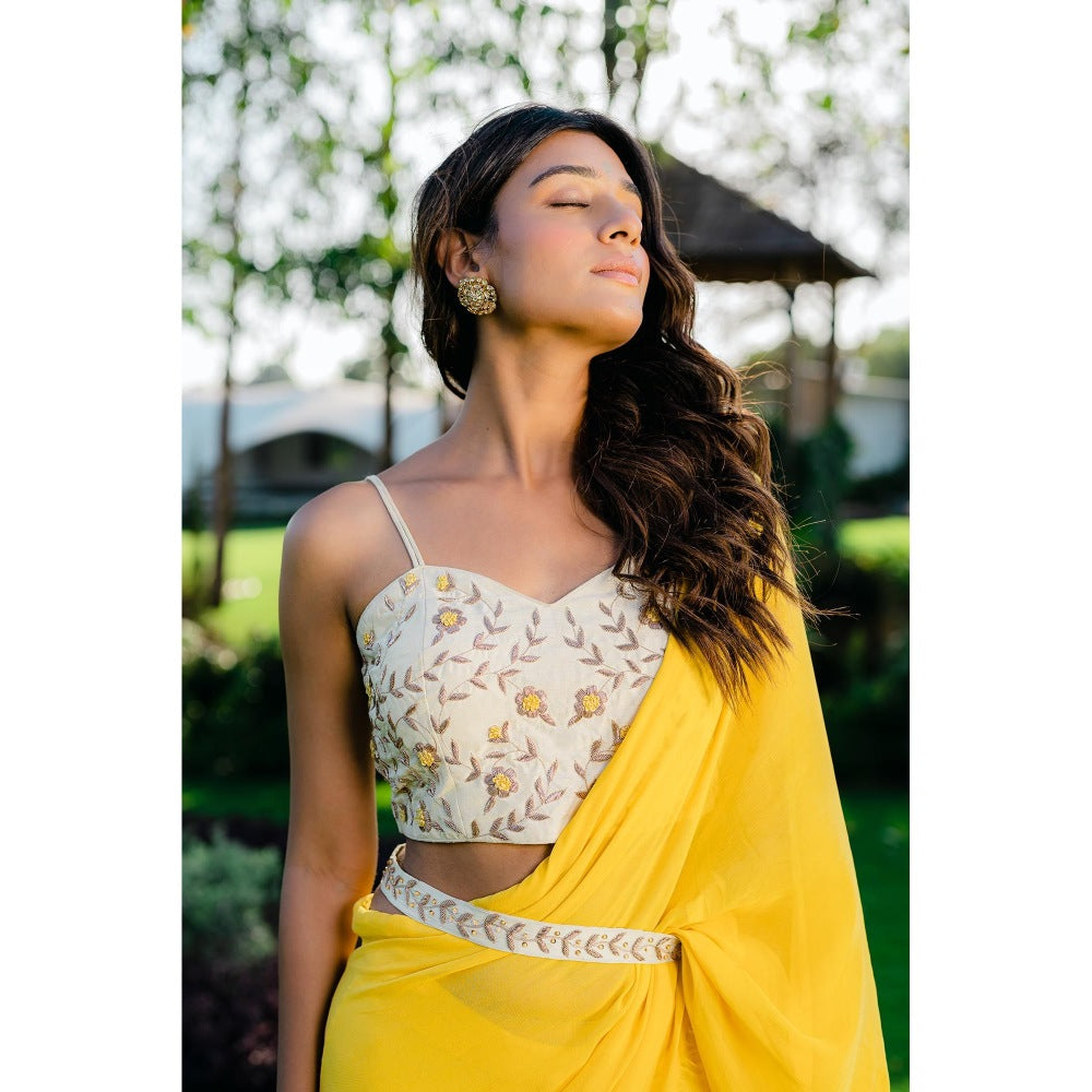 Redpine Designs Yellow Embroidered Pre Drape Saree with Stitched Blouse and Belt