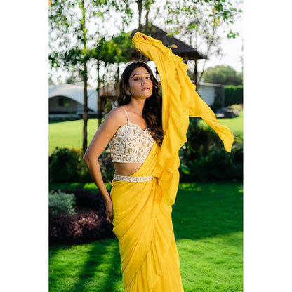 Redpine Designs Yellow Embroidered Pre Drape Saree with Stitched Blouse and Belt