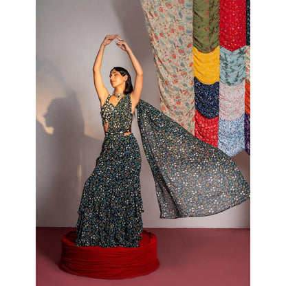 Redpine Designs Royal Green Floral Embroidered Pre Drape Saree with Stitched Blouse and Belt
