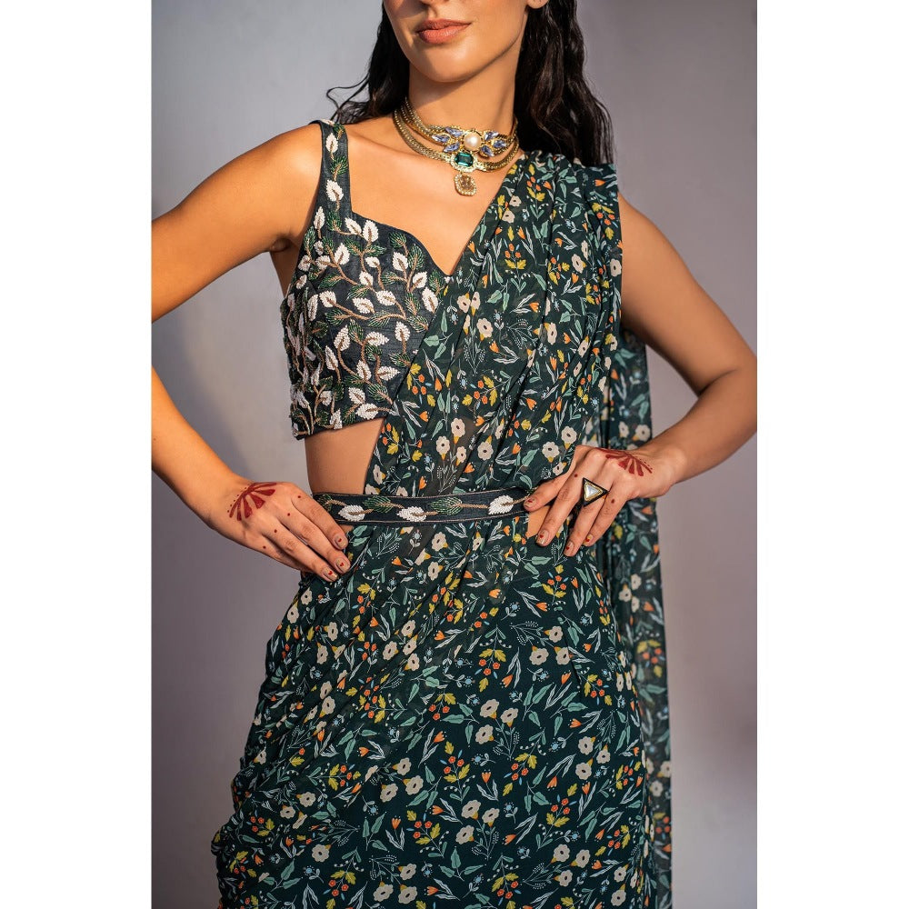 Redpine Designs Royal Green Floral Embroidered Pre Drape Saree with Stitched Blouse and Belt