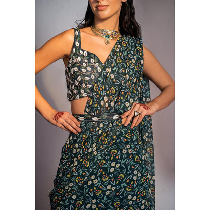 Redpine Designs Royal Green Floral Embroidered Pre Drape Saree with Stitched Blouse and Belt