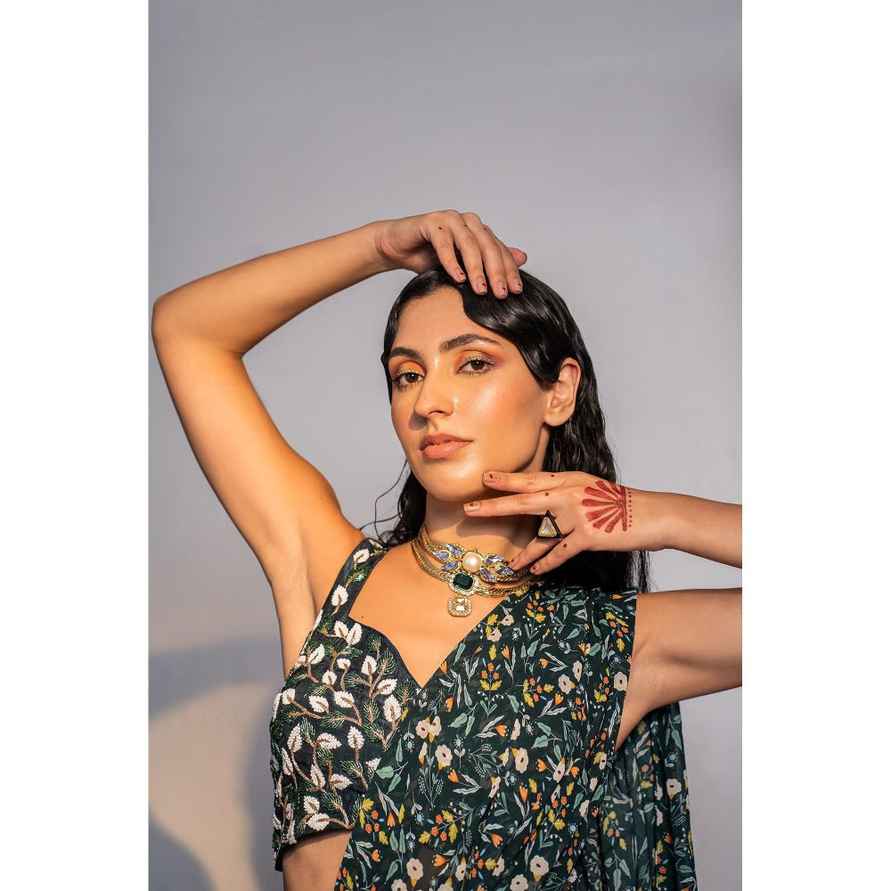Redpine Designs Royal Green Floral Embroidered Pre Drape Saree with Stitched Blouse and Belt