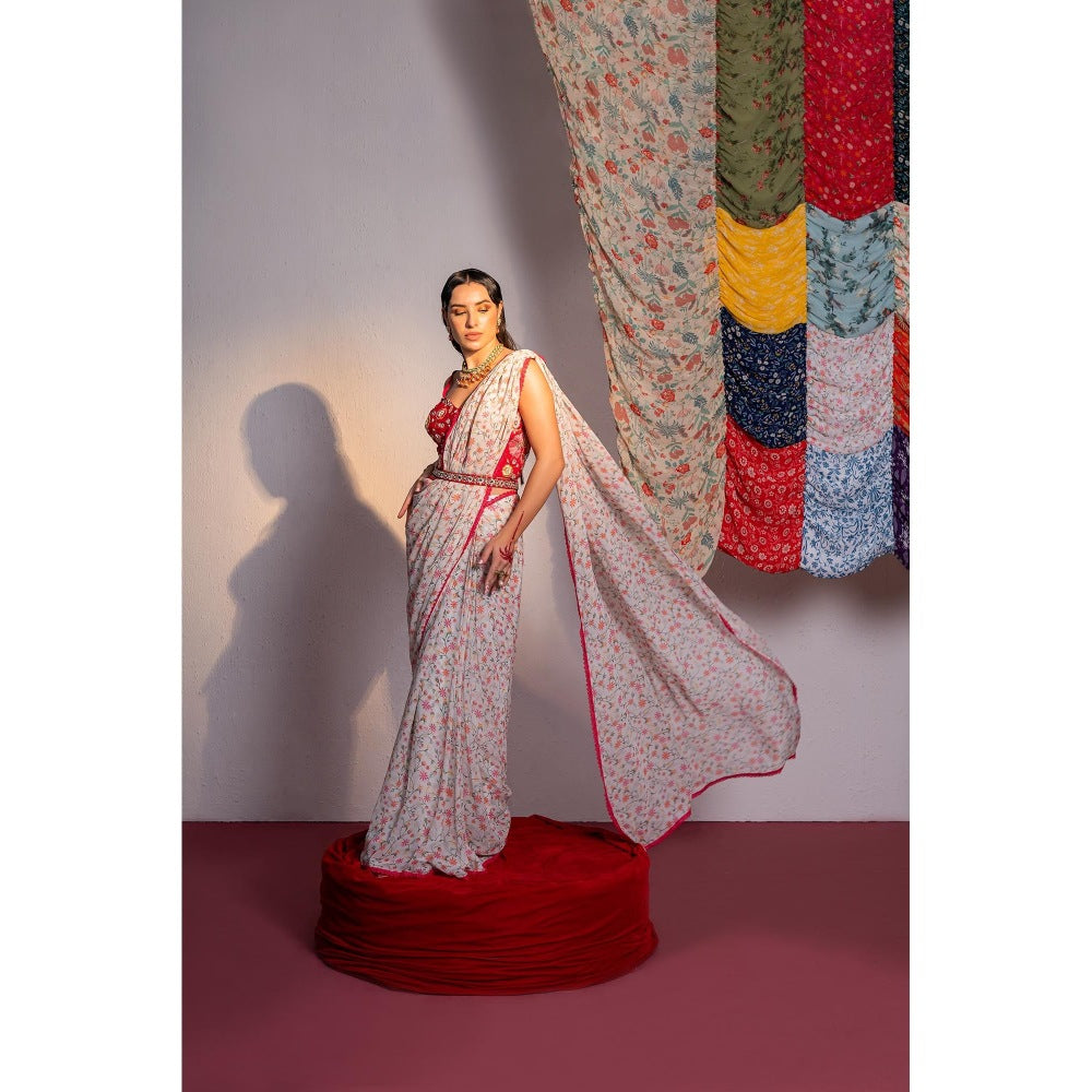 Redpine Designs White Printed Pre Drape Saree with Stitched Blouse and Belt