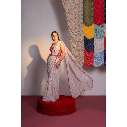 Redpine Designs White Printed Pre Drape Saree with Stitched Blouse and Belt