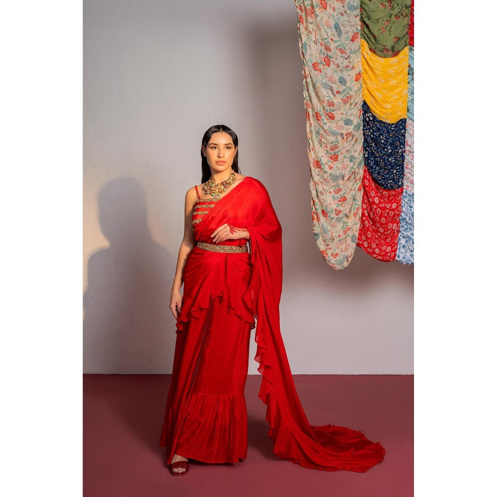 Redpine Designs Red Embroidered Pre Drape Saree with Stitched Blouse and Belt