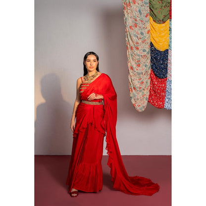 Redpine Designs Red Embroidered Pre Drape Saree with Stitched Blouse and Belt