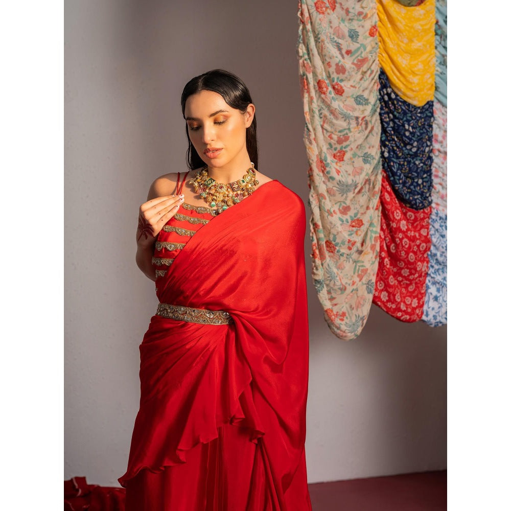 Redpine Designs Red Embroidered Pre Drape Saree with Stitched Blouse and Belt