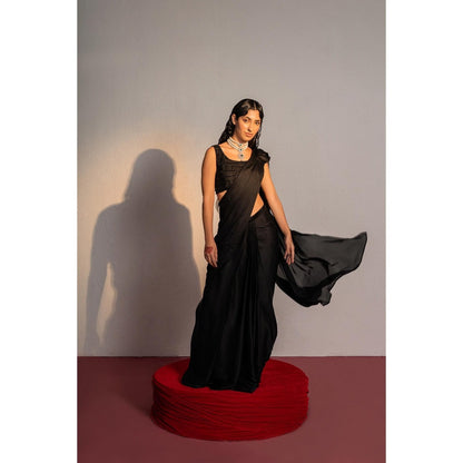 Redpine Designs Black Embroidered Pre Drape Saree with Stitched Blouse