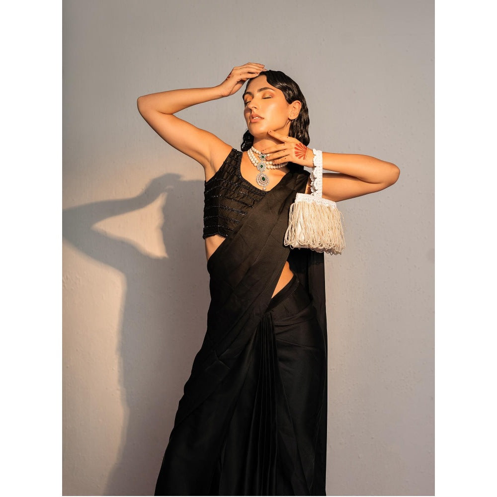 Redpine Designs Black Embroidered Pre Drape Saree with Stitched Blouse
