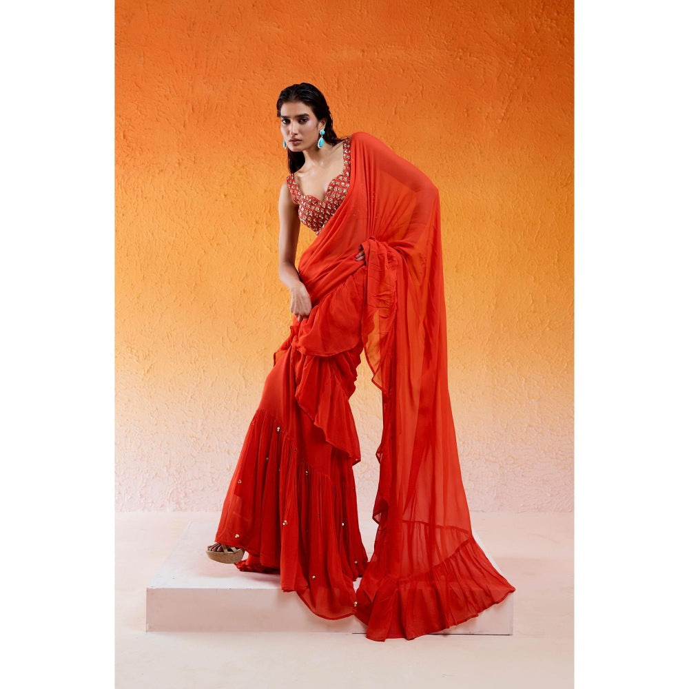 Redpine Designs Orange Embroidered Pre Draped Saree with Stitched Blouse