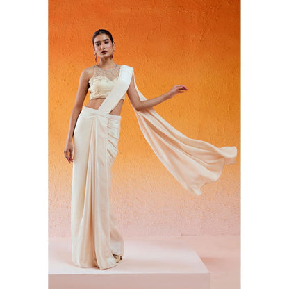 Redpine Designs Ivory Embroidered Pre Draped Saree with Stitched Blouse