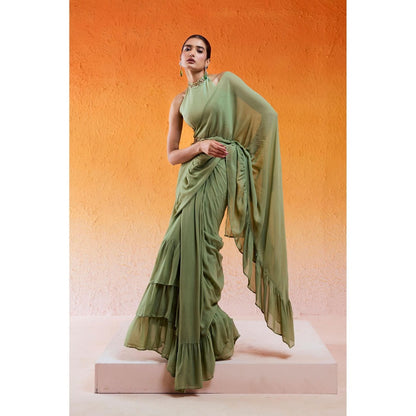 Redpine Designs Pista Green Embroidered Pre Drape Saree with Stitched Blouse and Belt