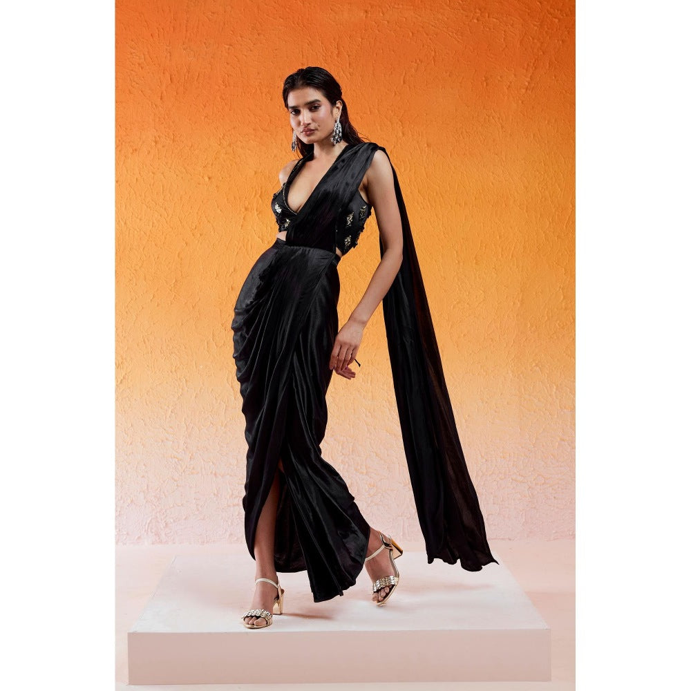 Redpine Designs Black Embellished Pre Draped Saree with Stitched Blouse