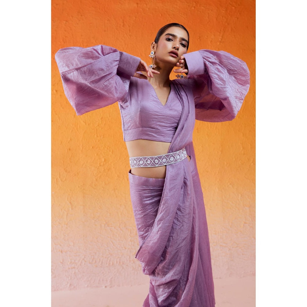 Redpine Designs Lavender Pre Drape Saree with Stitched Blouse and Belt