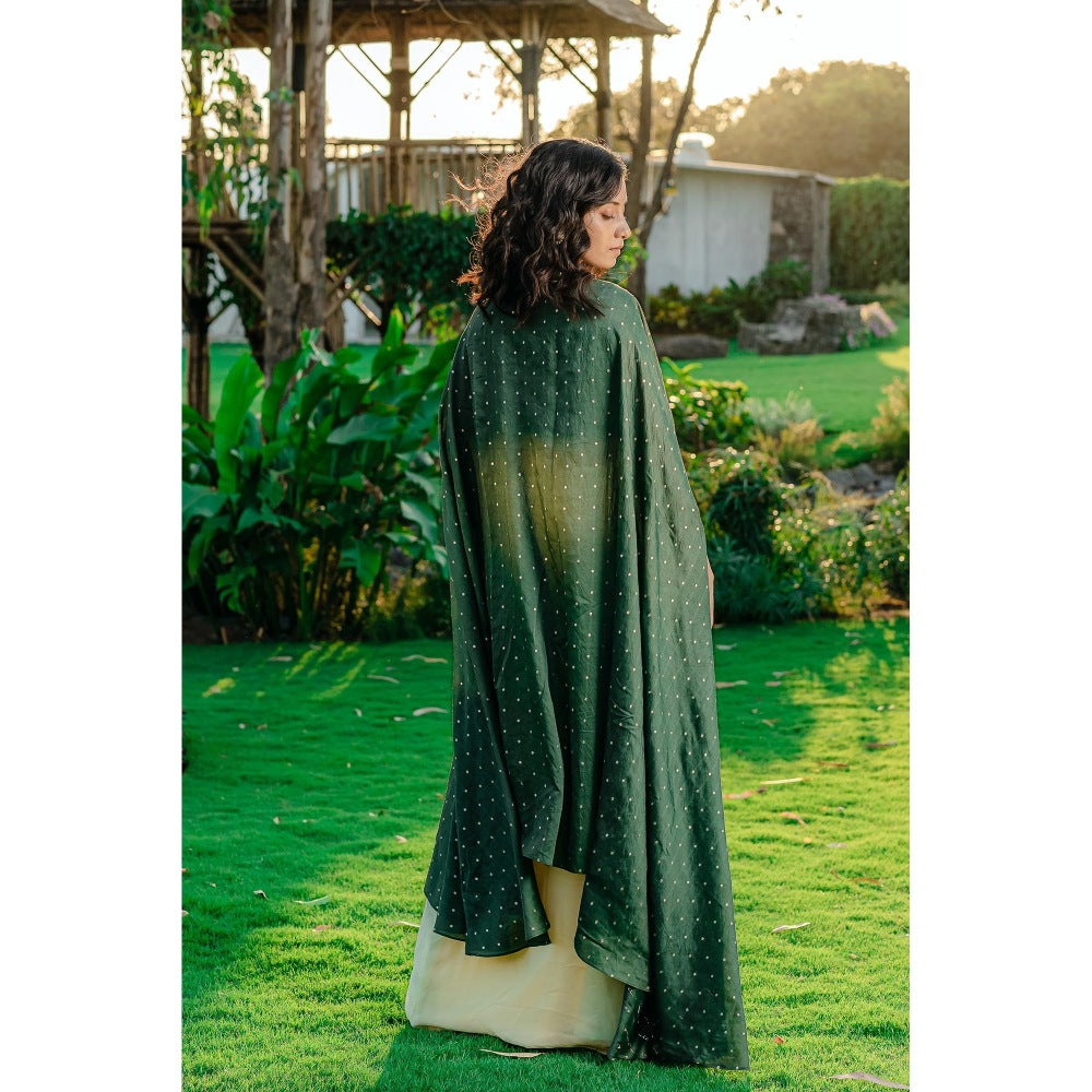 Redpine Designs Forest Green Embroidered Drape Lehenga with Blouse and Cape (Set of 3)