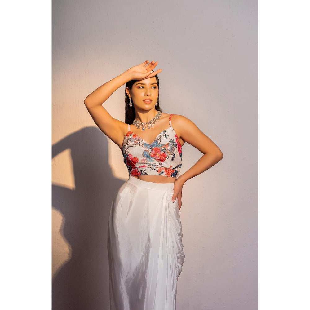Redpine Designs White Printed Drape Skirt with Short Cape and Blouse (Set of 3)
