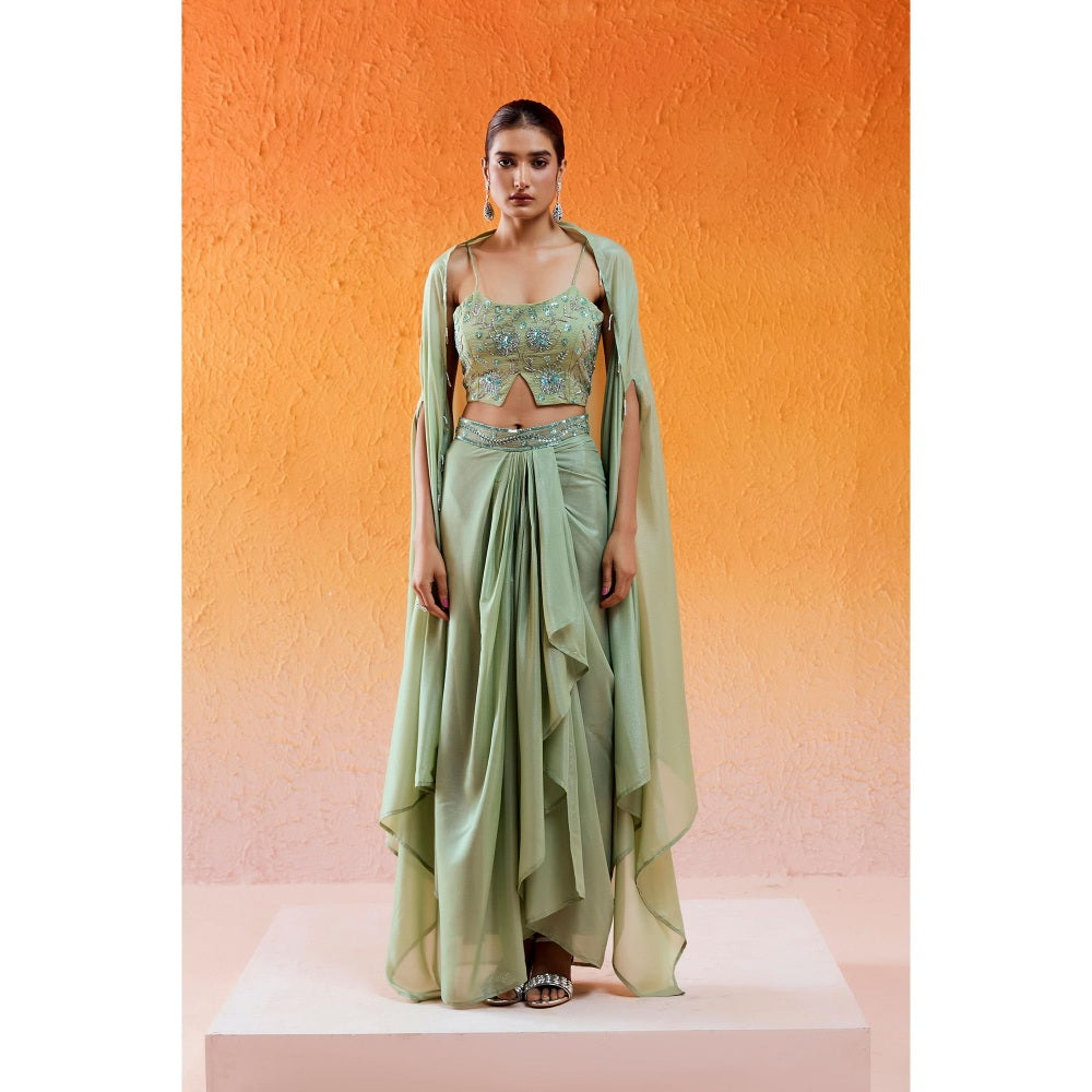 Redpine Designs Pista Green Embroidered Drape Skirt with Cape and Blouse (Set of 3)