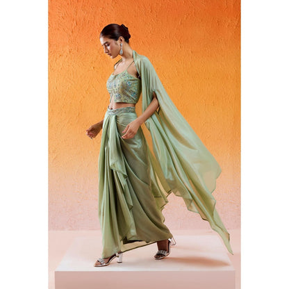 Redpine Designs Pista Green Embroidered Drape Skirt with Cape and Blouse (Set of 3)