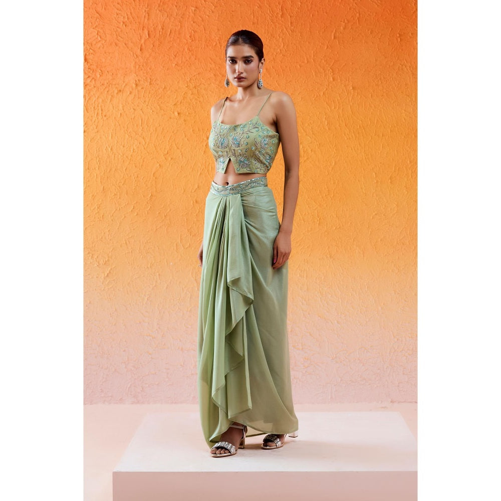 Redpine Designs Pista Green Embroidered Drape Skirt with Cape and Blouse (Set of 3)
