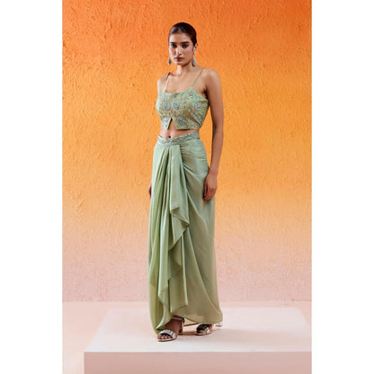 Redpine Designs Pista Green Embroidered Drape Skirt with Cape and Blouse (Set of 3)