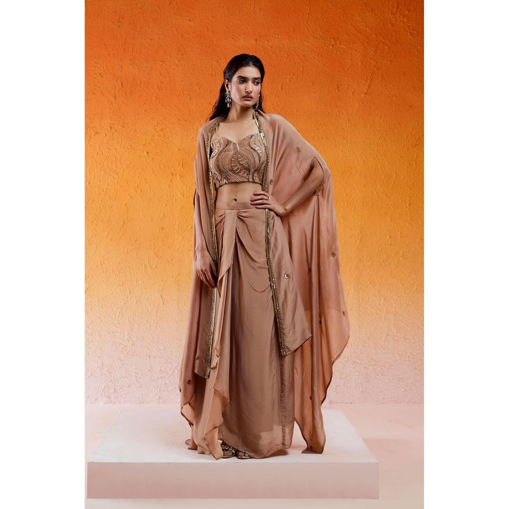 Redpine Designs Nude Embroidered Drape Skirt with Cape and Blouse (Set of 3)
