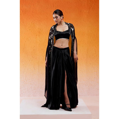 Redpine Designs Black Embroidered Drape Skirt with Cape and Blouse (Set of 3)