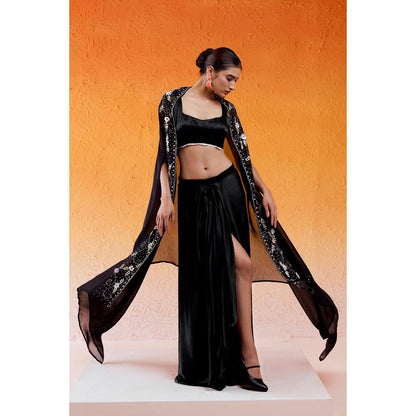 Redpine Designs Black Embroidered Drape Skirt with Cape and Blouse (Set of 3)
