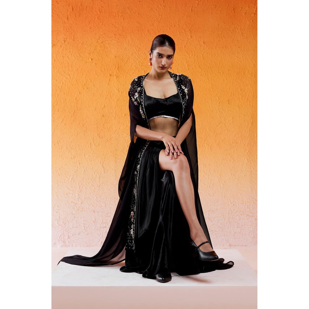 Redpine Designs Black Embroidered Drape Skirt with Cape and Blouse (Set of 3)
