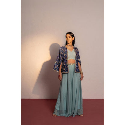 Redpine Designs Royal Blue Printed, Embroidered Cape with Palazzo and Bustier (Set of 3)