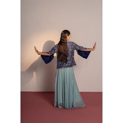 Redpine Designs Royal Blue Printed, Embroidered Cape with Palazzo and Bustier (Set of 3)