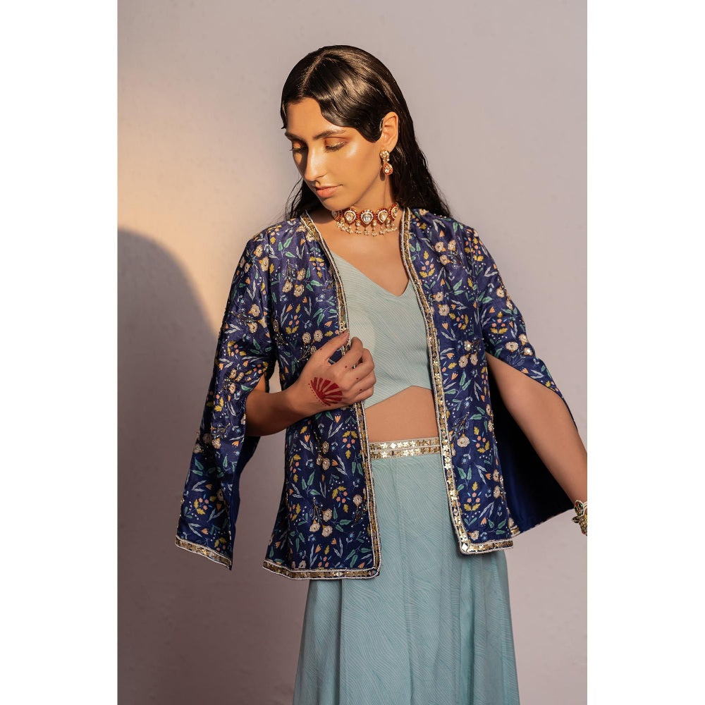 Redpine Designs Royal Blue Printed, Embroidered Cape with Palazzo and Bustier (Set of 3)