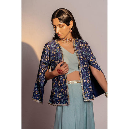 Redpine Designs Royal Blue Printed, Embroidered Cape with Palazzo and Bustier (Set of 3)