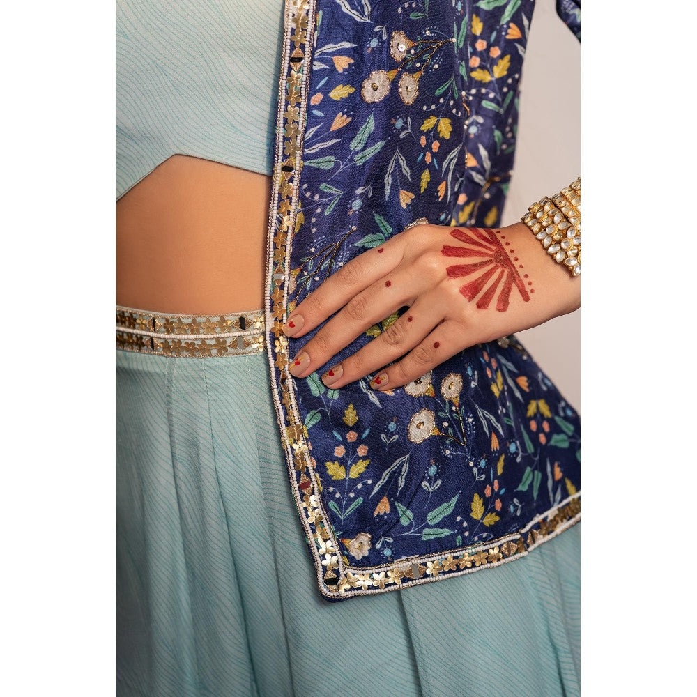 Redpine Designs Royal Blue Printed, Embroidered Cape with Palazzo and Bustier (Set of 3)