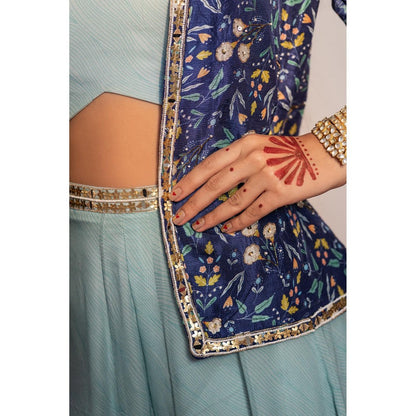 Redpine Designs Royal Blue Printed, Embroidered Cape with Palazzo and Bustier (Set of 3)