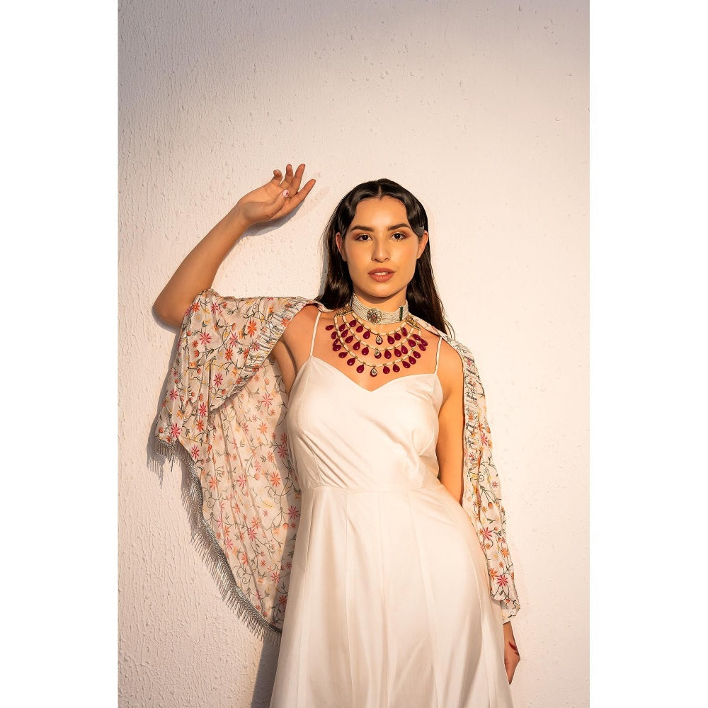 Redpine Designs Ivory Printed, Embroidered Jumpsuit with Cape (Set of 2)