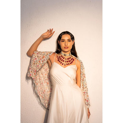 Redpine Designs Ivory Printed, Embroidered Jumpsuit with Cape (Set of 2)