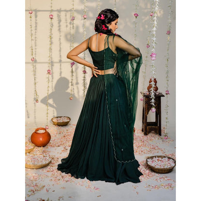 Redpine Designs Bottle Green Embellished Lehenga with Blouse and Dupatta (Set of 3)