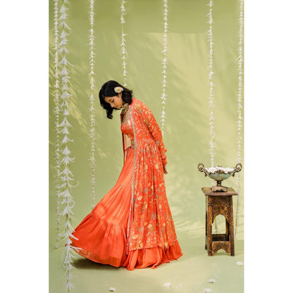 Redpine Designs Orange Embroidered Lehenga with Blouse, Jacket and Belt (Set of 4)