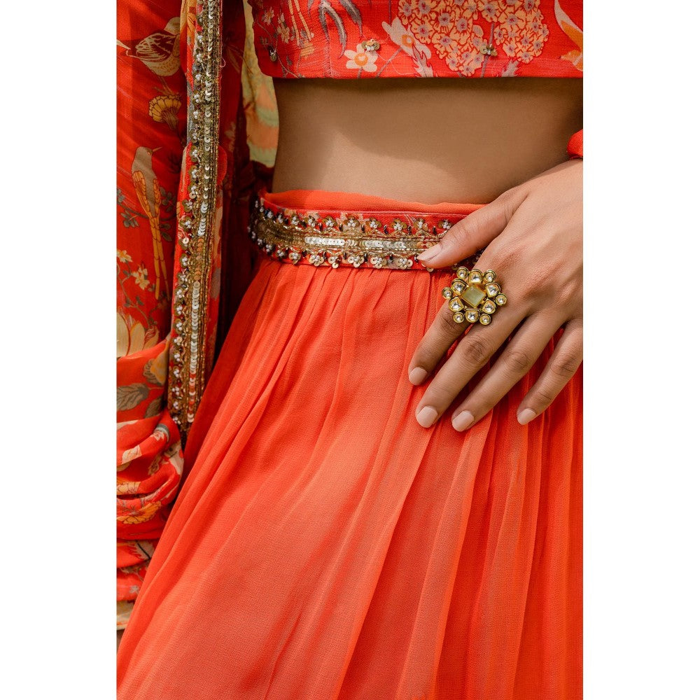 Redpine Designs Orange Embroidered Lehenga with Blouse, Jacket and Belt (Set of 4)
