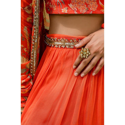 Redpine Designs Orange Embroidered Lehenga with Blouse, Jacket and Belt (Set of 4)