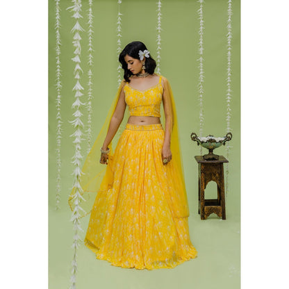 Redpine Designs Yellow Embroidered Lehenga with Blouse, Dupatta and Belt (Set of 4)