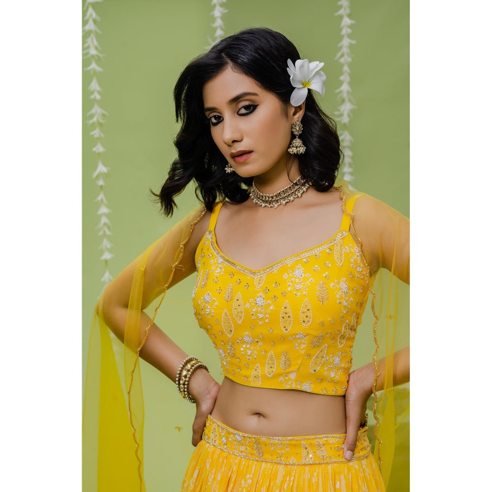 Redpine Designs Yellow Embroidered Lehenga with Blouse, Dupatta and Belt (Set of 4)
