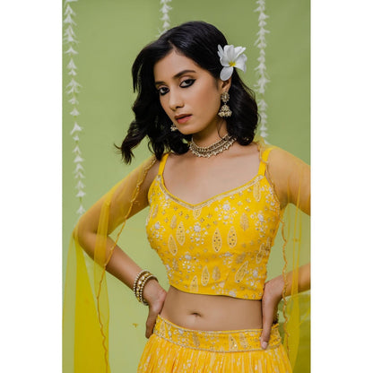 Redpine Designs Yellow Embroidered Lehenga with Blouse, Dupatta and Belt (Set of 4)