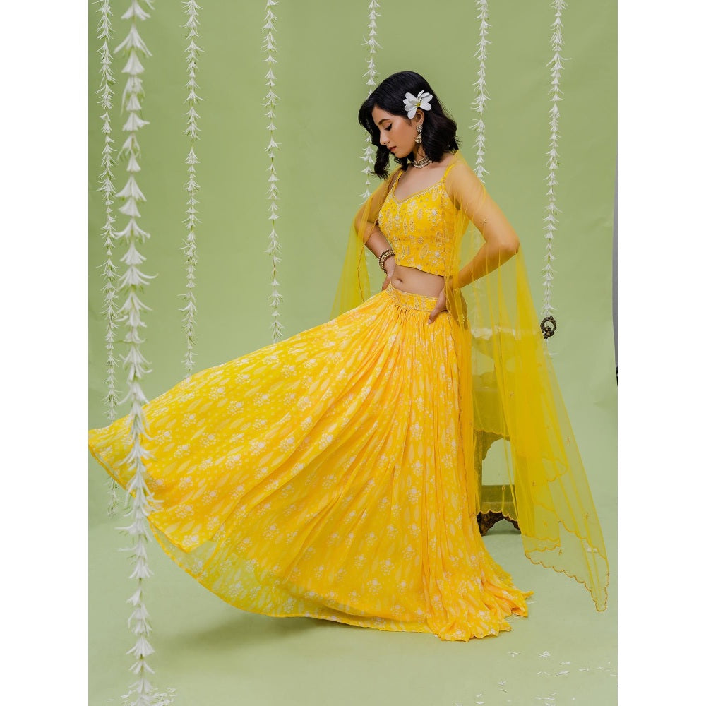 Redpine Designs Yellow Embroidered Lehenga with Blouse, Dupatta and Belt (Set of 4)