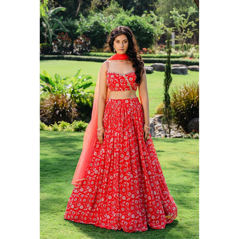Redpine Designs Cherry Red Floral Printed Lehenga with Blouse and Dupatta (Set of 3)