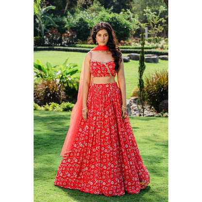 Redpine Designs Cherry Red Floral Printed Lehenga with Blouse and Dupatta (Set of 3)